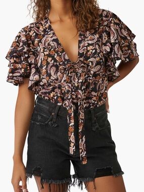 Tie-Front Paisley Ruffle-Sleeve Blouse - Black/Purple